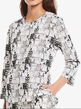 Sleep Sense Pajama Lounge Jersey Knit Top Pullover Stacked Cat Women Size Small